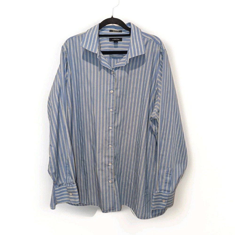 Coastal Preppy Blue Stripe Button Front Shirt Lands' End Plus Size 24 Women's